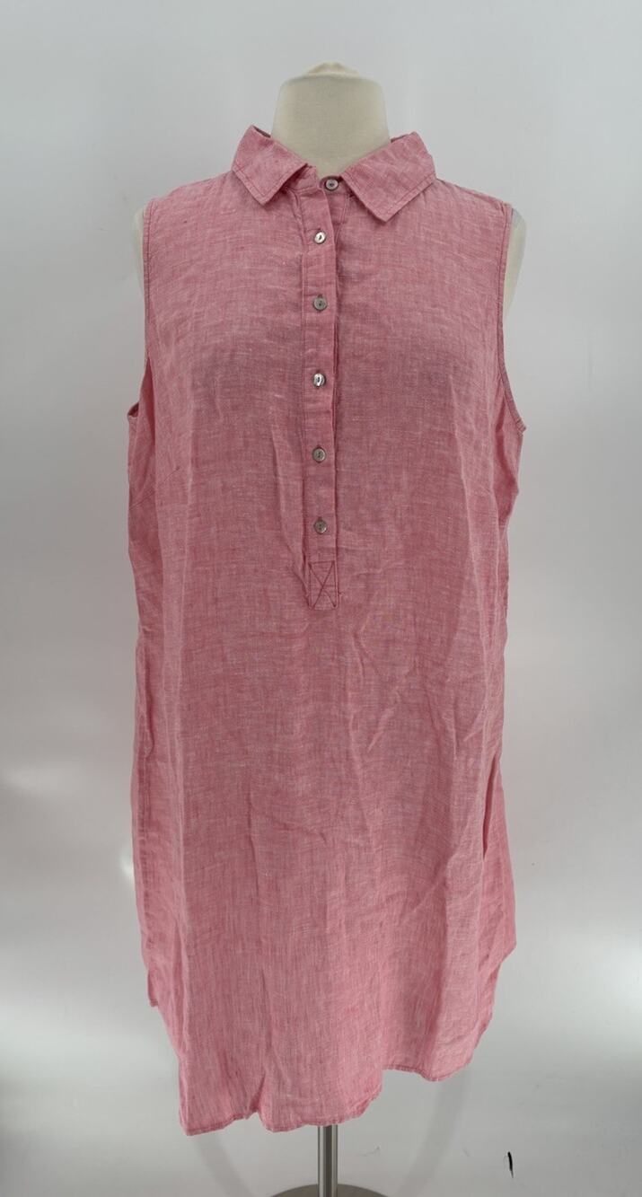 Tahari Shirt Dress Womens 1X Pink Sleeveless Buttons Collared 100% Linen Casual